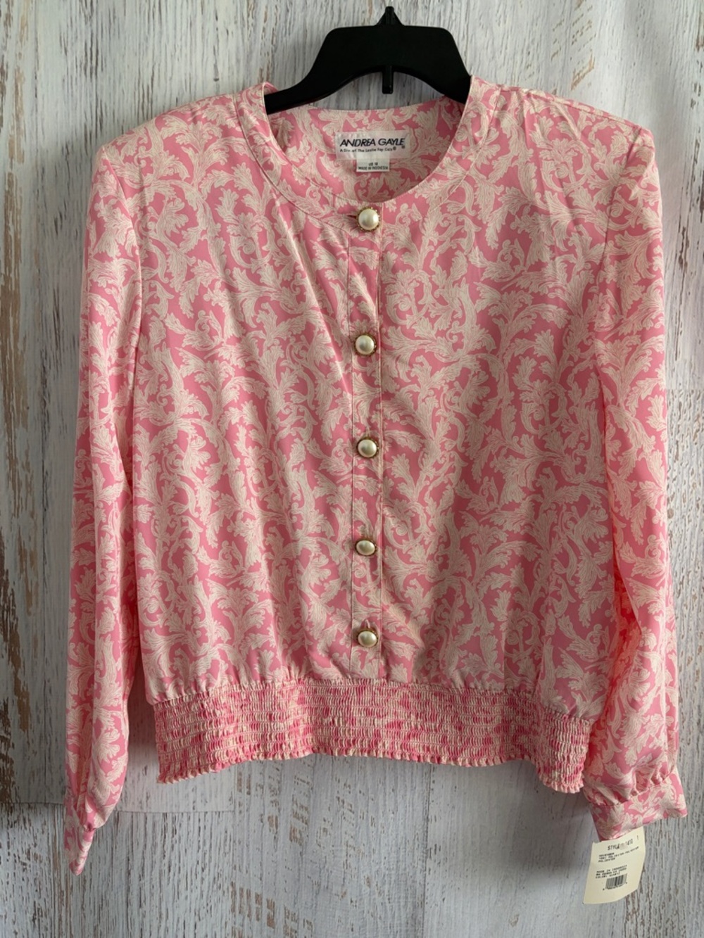 Andrea Gayle Vintage Pink and Cream Damask Patterned Button-Front Blouse